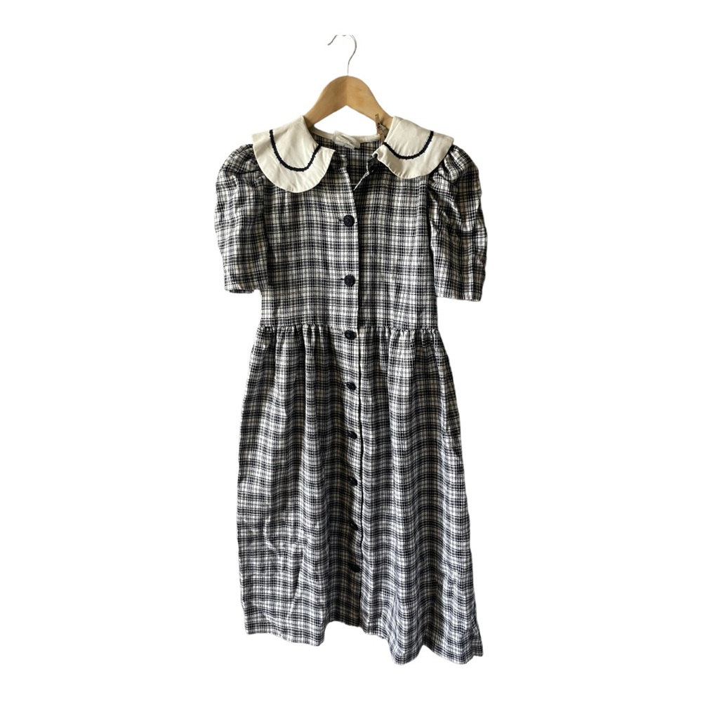 VINTAGE Bonnie Jean Navy Blue Gingham Plaid Collard Midi Dress Size 16